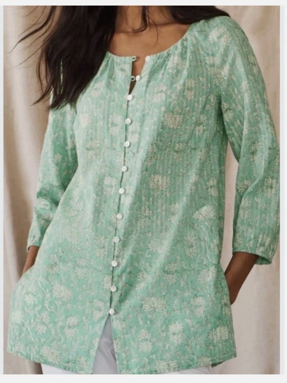J Jill Floral Batik Button Front Tunic XL Block Print Mint Green Lightweight